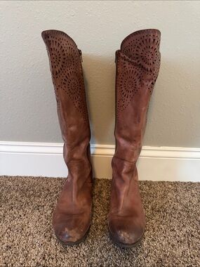 Gianni Bini Cognac Brown Over-the-Knee Perforated Leather Boots